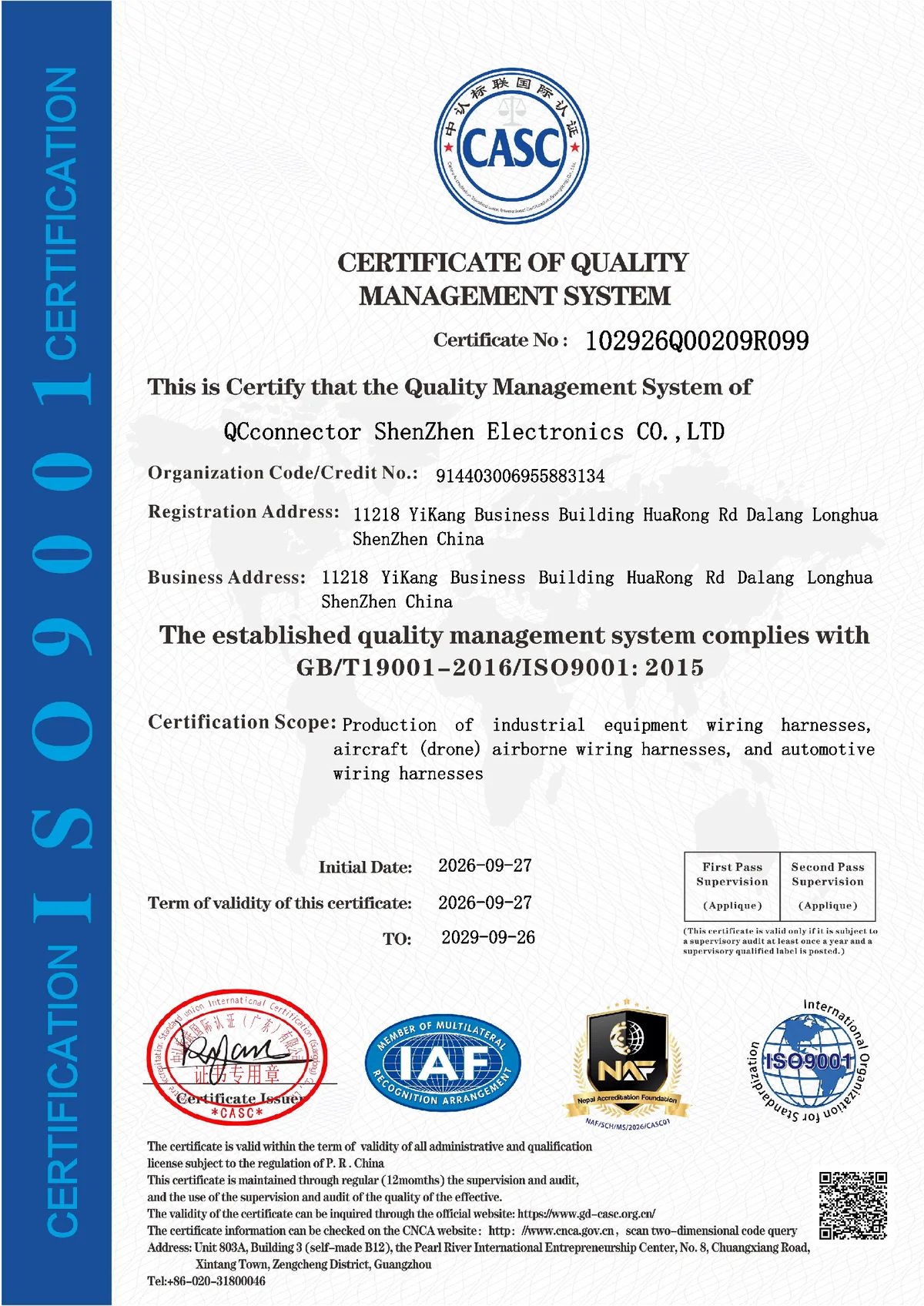 ISO 9001:2015 quality management system certificate issued to QCconnector ShenZhen Electronics, certificate number 102926Q00209R099